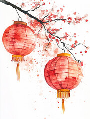 Red Chinese lanterns and sakura branches with pink flowers, white background. Watercolor illustration, sketch. Asian silk lanterns. Card for lunar new year, tet.