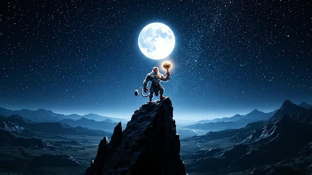 hanuman on mountain peak under starry full moon