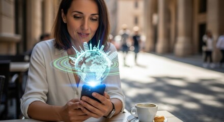 Woman planning international travel with 3D holographic globe on smartphone, exploring world landmarks with modern tech, enjoying coffee outdoors