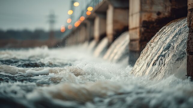 Overflowing dam gates releasing water into a river, showcasing controlled water flow and hydraulic infrastructure under a cloudy sky.