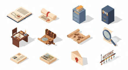 Comprehensive Isometric Collection of Historical Records, Archival Storage, and Research Instruments Icons