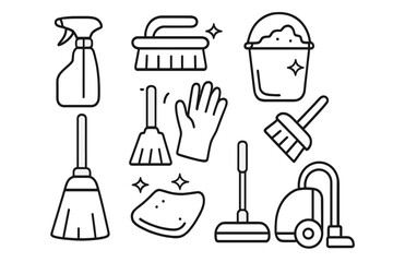 Cleaning services and housekeeping icon set. Linear collection of domestic tools and equipment for hygiene. Vector illustration of broom, mop, vacuum cleaner, brush, spray.