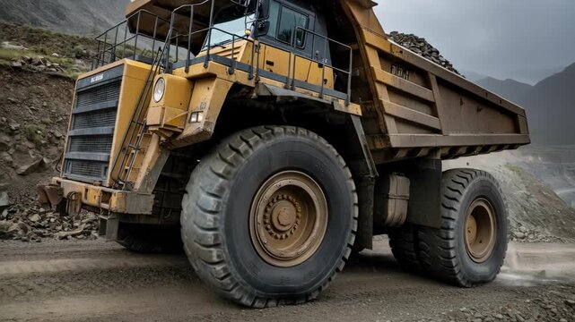 Medium shot capturing a robust mineral hauling truck climbing steep inclines showcasing powerful engine and reinforced body for weather resistance.