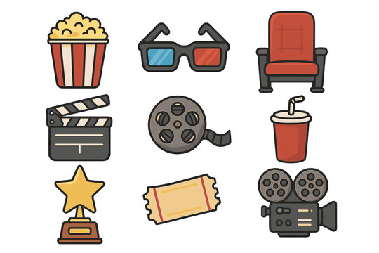 Cinema movie icons collection. Film industry and entertainment symbols. Vector set of popcorn, soda, 3D glasses, ticket, clapperboard, camera, award, and film reel. - Powered by Adobe
