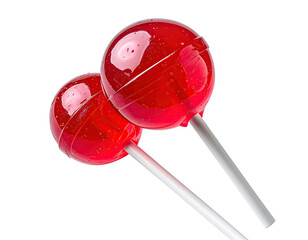 Two glossy red lollipops on white sticks