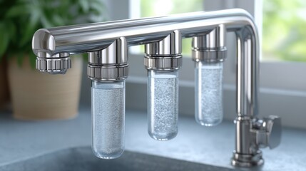 Modern kitchen faucet with three transparent water filters filled with bubbles, mounted on a shiny metallic fixture.