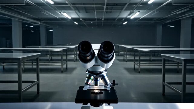 Empty Science Laboratory with Microscope and Glassware on a Table