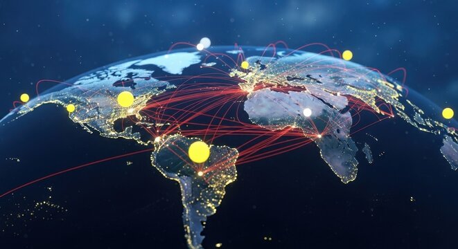 Global network connecting continents with vibrant data streams, illustrating worldwide communication and business connections for modern tech companies