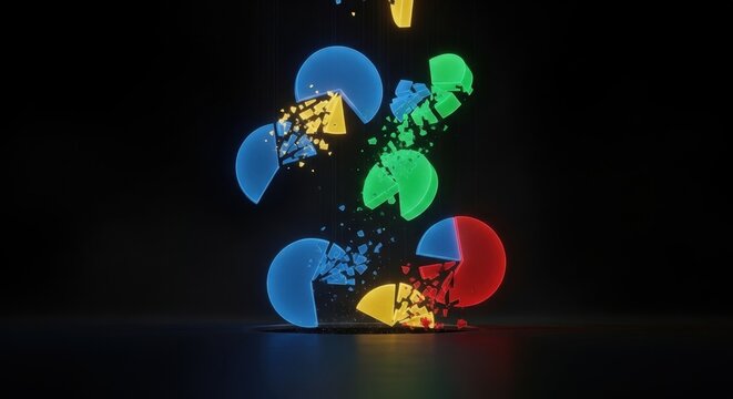 Dynamic colorful pie charts dissolving into fragments, representing market disruption and financial instability in a modern, attention-grabbing design