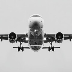 Fototapeta premium Close-up grayscale shot of an airplane descending, nose-on view. The plane's body, wings, and engines are clearly visible, with landing gear extended. The background is a plain light gray