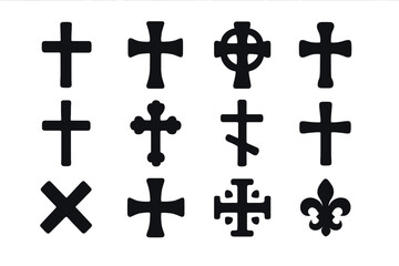 Fototapeta premium Christian crosses icon set. Collection of various religious symbols. Black silhouette vector illustration. Faith signs like latin, orthodox, celtic, and catholic crucifix shapes.