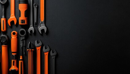 Assortment of orange and black tools on dark surface