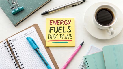 Colorful Desk Arrangement with Motivational Note on Energy, Coffee, and Stationery Items for Productivity and Inspiration