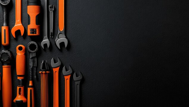 Assortment of orange and black tools on dark surface