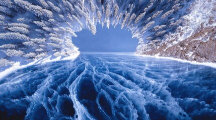 Birdâ€™s-eye view of a frozen lake surrounded by snowy pine forests, cracked ice patterns, soft blue and white palette, peaceful winter scene
