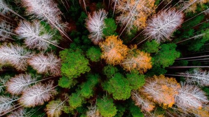 Aerial view of trees shedding their last leaves in late autumn, brown leaves scattered on the forest floor, bare branches 