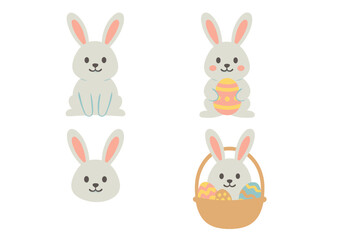 Obraz premium Easter bunny vector icon set. Cute cartoon rabbit character collection for spring holiday design. Flat style illustration with happy bunnies, painted eggs, and a festive basket.