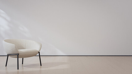3d rendering of minimalist living room with modern armchair and neutral white beige backdrop. Soft blurred foliage leaf shadow on clean bright wall in cozy interior space for relaxation.