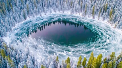 Birdâ€™s-eye view of a frozen lake surrounded by snowy pine forests, cracked ice patterns, soft blue and white palette, peaceful winter scene