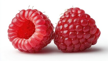 Two close-up raspberries, one halved, showcasing juicy red flesh and intricate textures
