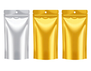 Three pouch packaging designs in metallic colors