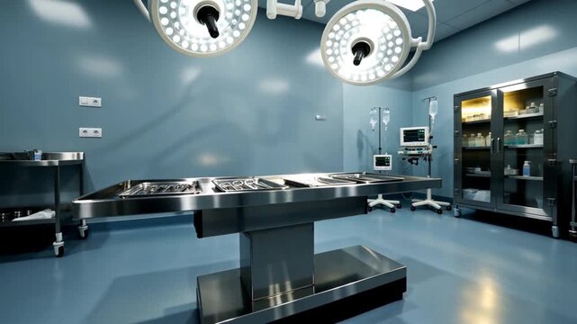 Modern operating room with stainless steel table and surgical instruments
