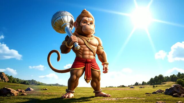 powerful hanuman god holding mace under bright sun
