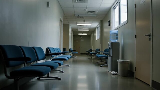 Long empty hallway in a medical facility with rows of blue waiting chairs