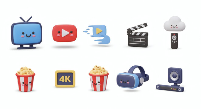 Adorable 3D Rendered Icons Depicting Various Aspects of Modern Digital Media, Streaming, and Immersive Entertainment Experiences