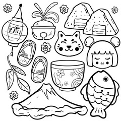 hand drawn Japanese culture clean black and white outline perfect for a coloring book or cultural design projects. icons like Fuji, lucky cat, Onigiri, Taiyaki , Kokeshi doll, bell, and a tea bowl.
