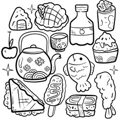 hand drawn Japanese culture clean black and white outline perfect for a coloring book or cultural design projects. icons like Fuji, lucky cat, Onigiri, Taiyaki , Kokeshi doll, bell, and a tea bowl.