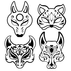 hand drawn Kitsune fox Evil mask angry japanese Yokai illustration. Japanese culture clean black and white outline perfect for a coloring book or cultural design projects.