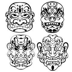 hand drawn Yokai Evil mask angry japanese Yokai illustration. Japanese culture clean black and white outline perfect for a coloring book or cultural design projects.