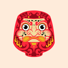 Japanase Daruma Doll with cheerful expression, bold eyebrows, yellow decorative patterns, red dot on forehead and expressive face, symbolizing perseverance and good luck in Japan culture