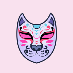 Traditional japanese kitsune dog mask isolated on background. Flat cute cartoon style kitsune mask in simple minimal style