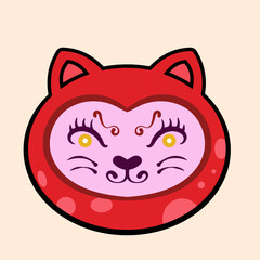 Japanase Daruma Doll with cheerful expression, bold eyebrows, yellow decorative patterns, red dot on forehead and expressive face, symbolizing perseverance and good luck in Japan culture