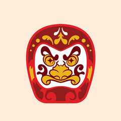 Japanase Daruma Doll with cheerful expression, bold eyebrows, yellow decorative patterns, red dot on forehead and expressive face, symbolizing perseverance and good luck in Japan culture
