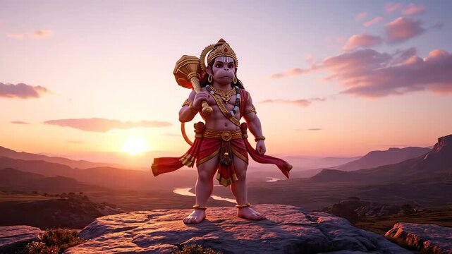 lord hanuman divine warrior standing on mountain at sunset