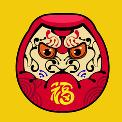 Japanase Daruma Doll with cheerful expression, bold eyebrows, yellow decorative patterns, red dot on forehead and expressive face, symbolizing perseverance and good luck in Japan culture