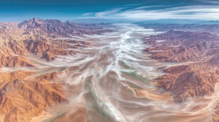 Drone shot of a desert in winter, unexpected patches of frost and cold mist, morning sun casting long shadows across the sand 
