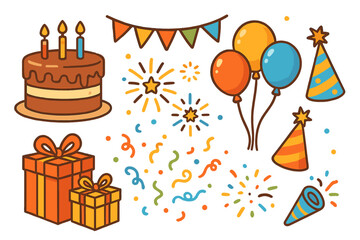 Happy birthday celebration party decoration element set. Vector cartoon illustration bundle with cake, gift, balloon, confetti. Clipart collection isolated for design.