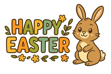 Fototapeta premium Happy Easter text illustration with cute cartoon bunny. Vector greeting banner for spring holiday. Adorable rabbit and flowers design for kids celebration or isolated decor.
