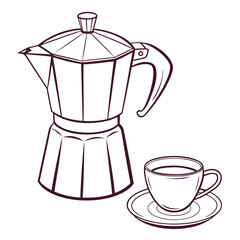 A classic italian moka pot coffee maker and a cup of coffee on a saucer presented in a simple line art style