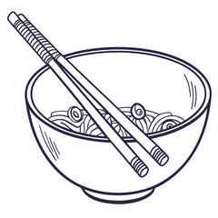 A simple hand drawn line art illustration of a bowl of noodles with chopsticks resting on top isolated on a white background