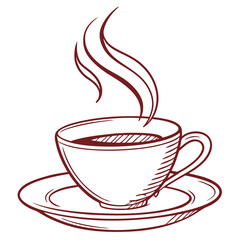 A simple hand drawn sketch of a steaming cup of coffee on a saucer perfect for cafe menus and breakfast illustrations