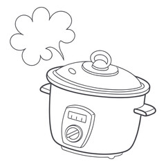 A simple line drawing illustration of a modern electric multi cooker with a steam cloud and a blank speech bubble for text