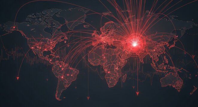 Global network connections spreading rapidly across world map highlighting data and communication in vibrant red, ideal for technology concepts