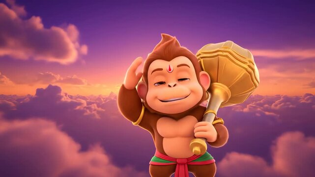 joyful cartoon hanuman character holding mace in sky