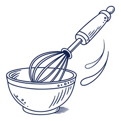 Hand drawn illustration of a whisk mixing ingredients in a bowl conveying the process of baking and cooking preparation
