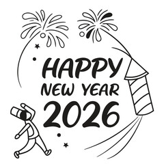 Happy new year 2026 celebration with fireworks and a person launching a rocket in a festive doodle style
